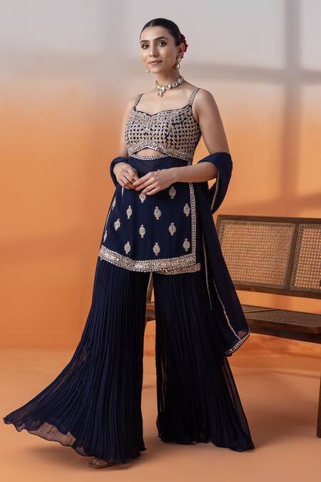 Buy_Raj Arora_Navy Net Embroidery, Sequins Georgette Kundan Embellished Sharara Set _Online_at_Aza_Fashions