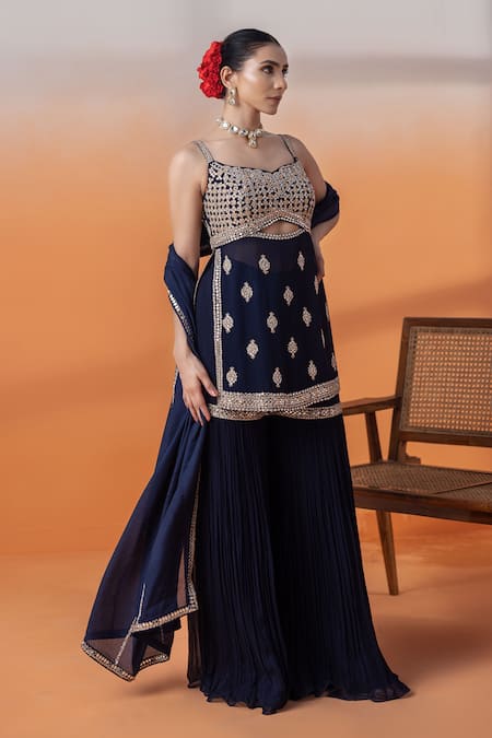 Shop_Raj Arora_Navy Net Embroidery, Sequins Georgette Kundan Embellished Sharara Set _Online_at_Aza_Fashions