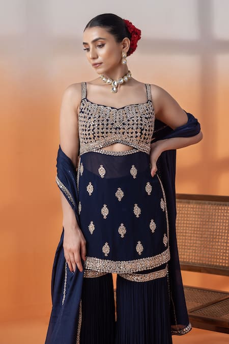 Raj Arora_Navy Net Embroidery, Sequins Georgette Kundan Embellished Sharara Set _at_Aza_Fashions
