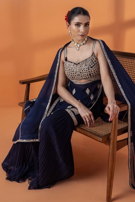 Buy_Raj Arora_Navy Net Embroidery, Sequins Georgette Kundan Embellished Sharara Set 