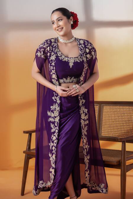 Shop Raj Arora Purple Cut Work Round Neck Crepe And Organza Embellished Set Online at Aza Fashions Shop_Raj Arora_Purple Cut Work Round Neck Crepe And Organza Embellished Set _Online_at_Aza_Fashions