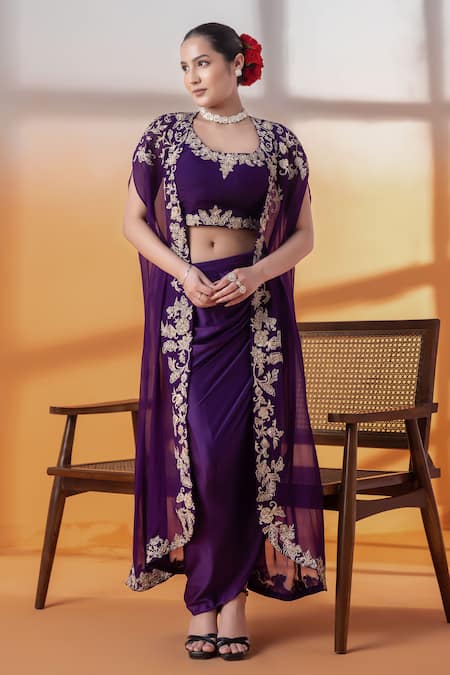 RAJ ARORA Purple Cut Work Round Neck Crepe And Organza Embellished Set 