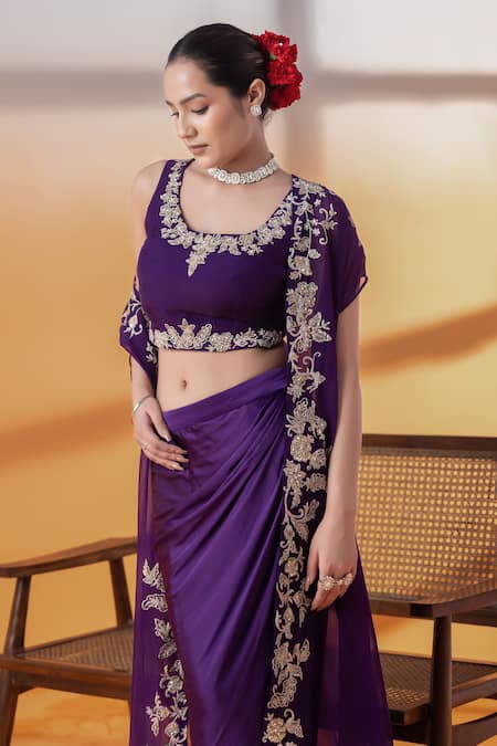 Buy Raj Arora Purple Cut Work Round Neck Crepe And Organza Embellished Set Buy_Raj Arora_Purple Cut Work Round Neck Crepe And Organza Embellished Set