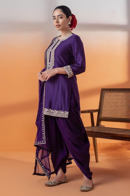 Raj Arora_Purple Organza, Net Crystals, Sequins Round Neck Dapka Embellished Dhoti Set _Online_at_Aza_Fashions