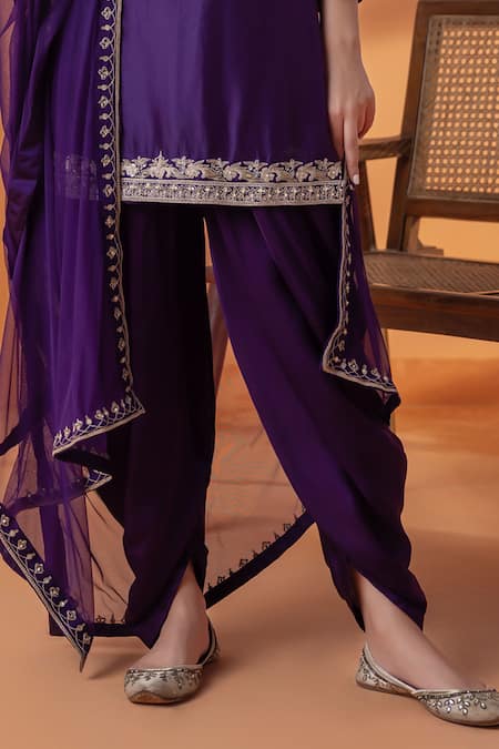 Buy_Raj Arora_Purple Organza, Net Crystals, Sequins Round Neck Dapka Embellished Dhoti Set _Online_at_Aza_Fashions