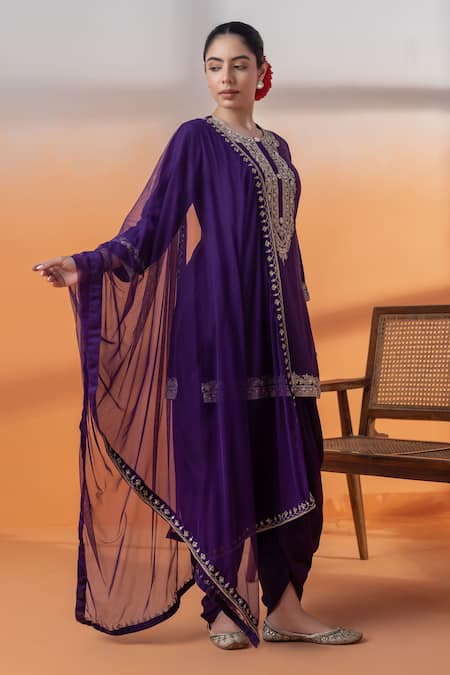 Shop_Raj Arora_Purple Organza, Net Crystals, Sequins Round Neck Dapka Embellished Dhoti Set _Online_at_Aza_Fashions