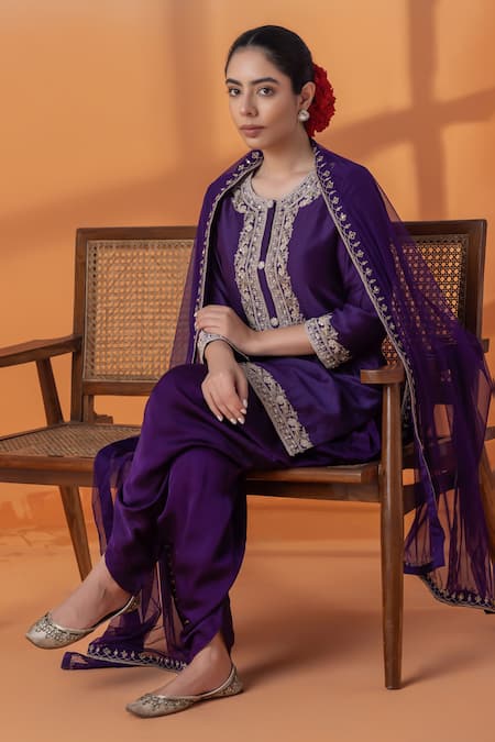Raj Arora_Purple Organza, Net Crystals, Sequins Round Neck Dapka Embellished Dhoti Set _at_Aza_Fashions
