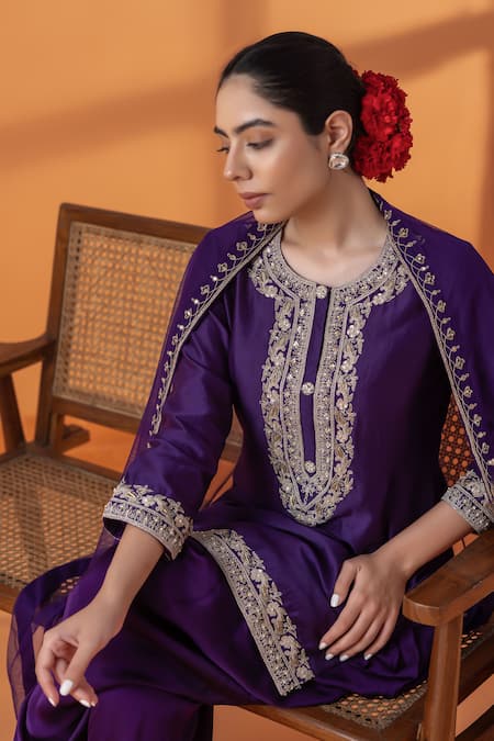 Buy_Raj Arora_Purple Organza, Net Crystals, Sequins Round Neck Dapka Embellished Dhoti Set 