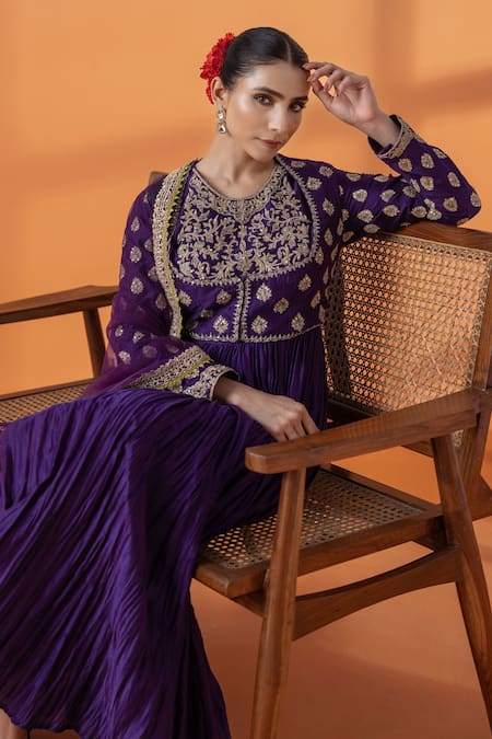 Raj Arora_Purple Net Cut Work, Embroidery, Crystals, Chanderi Embellished Anarkali Set _Online_at_Aza_Fashions