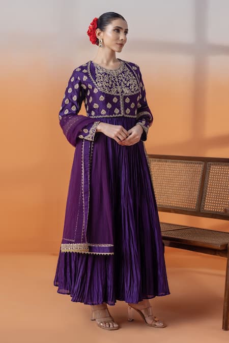 Buy_Raj Arora_Purple Net Cut Work, Embroidery, Crystals, Chanderi Embellished Anarkali Set _Online_at_Aza_Fashions