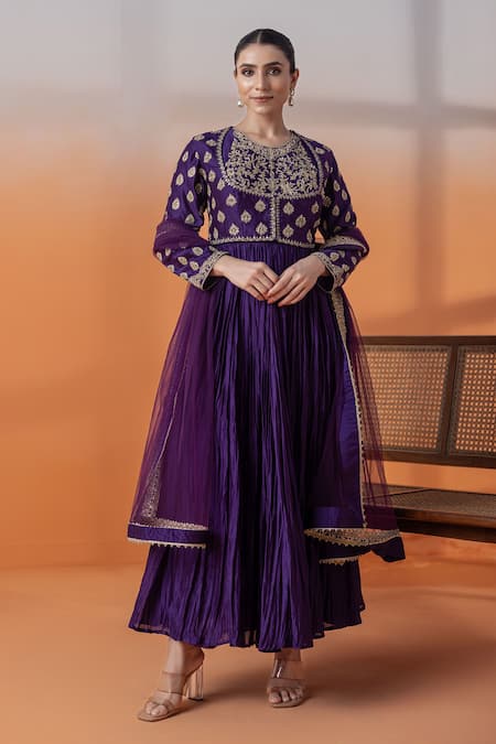 Shop_Raj Arora_Purple Net Cut Work, Embroidery, Crystals, Chanderi Embellished Anarkali Set _Online_at_Aza_Fashions