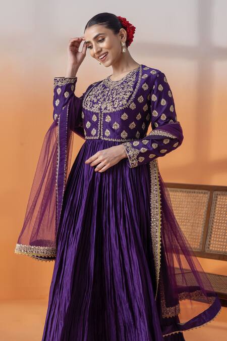 Raj Arora_Purple Net Cut Work, Embroidery, Crystals, Chanderi Embellished Anarkali Set _at_Aza_Fashions