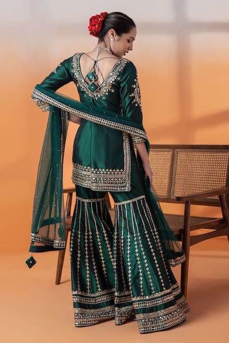 Raj Arora Bottle Green Silk Applique & Cutdana Kurta Set 