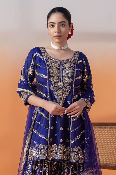 Raj Arora_Purple Crepe, Net Sequins, Pearls, Crystals Zardosi Gharara Set With Dupatta _Online_at_Aza_Fashions