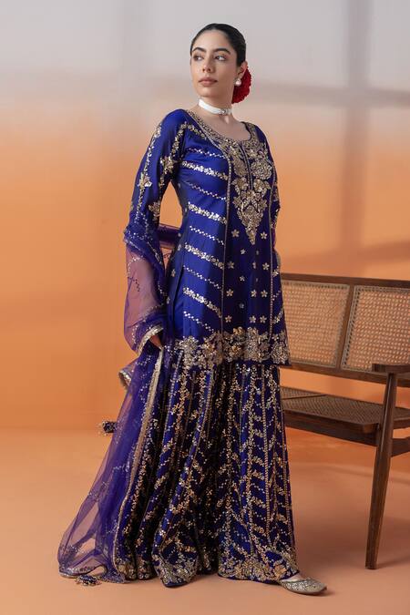 Buy_Raj Arora_Purple Crepe, Net Sequins, Pearls, Crystals Zardosi Gharara Set With Dupatta _Online_at_Aza_Fashions