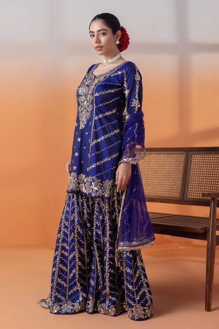 Shop_Raj Arora_Purple Crepe, Net Sequins, Pearls, Crystals Zardosi Gharara Set With Dupatta _Online_at_Aza_Fashions