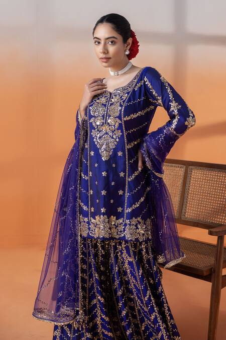 Raj Arora_Purple Crepe, Net Sequins, Pearls, Crystals Zardosi Gharara Set With Dupatta _at_Aza_Fashions