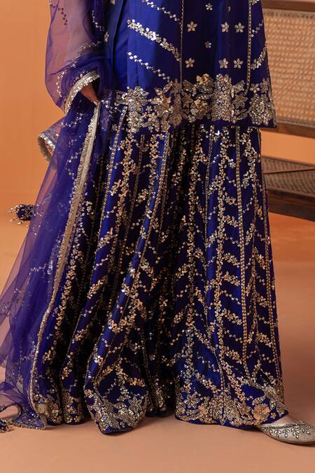 Buy_Raj Arora_Purple Crepe, Net Sequins, Pearls, Crystals Zardosi Gharara Set With Dupatta 