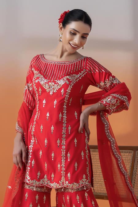 Raj Arora_Red Crepe, Net Sequins, Pearls, Crystals, Silk Gharara Set With Dupatta _Online_at_Aza_Fashions