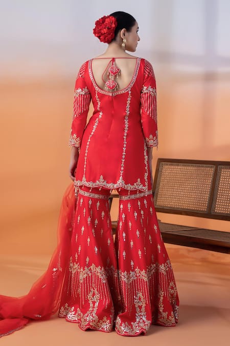 Raj Arora Red Silk Gharara Set with Dupatta 