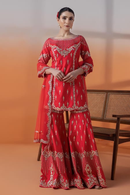 RAJ ARORA Red Crepe, Net Sequins, Pearls, Crystals, Silk Gharara Set With Dupatta 