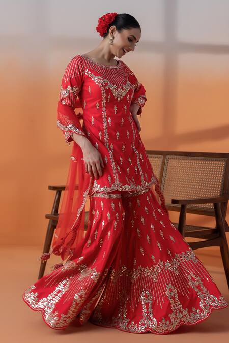 Buy_Raj Arora_Red Crepe, Net Sequins, Pearls, Crystals, Silk Gharara Set With Dupatta _Online_at_Aza_Fashions