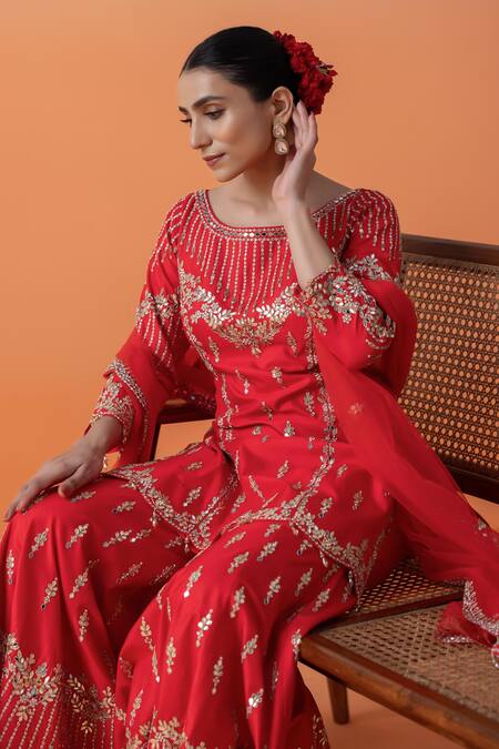Shop_Raj Arora_Red Crepe, Net Sequins, Pearls, Crystals, Silk Gharara Set With Dupatta _Online_at_Aza_Fashions
