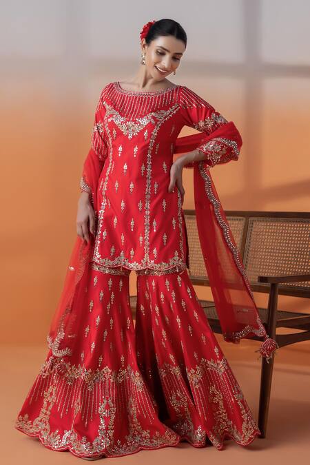 Raj Arora_Red Crepe, Net Sequins, Pearls, Crystals, Silk Gharara Set With Dupatta _at_Aza_Fashions