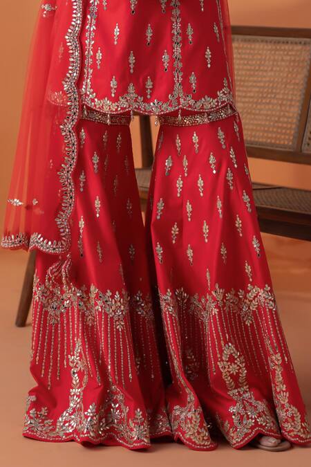 Buy_Raj Arora_Red Crepe, Net Sequins, Pearls, Crystals, Silk Gharara Set With Dupatta 