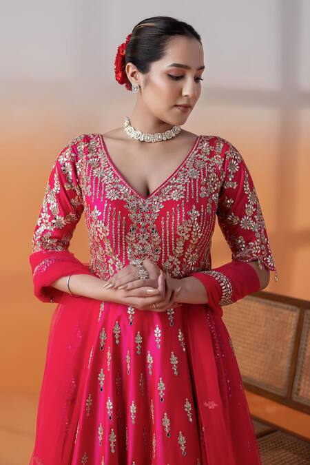 Raj Arora Pink Silk Mirrors, Zari, Sequins V-neck Hot Gota Patti Anarkali Set Online at Aza Fashions Raj Arora_Pink Silk Mirrors, Zari, Sequins V-neck Hot Gota Patti Anarkali Set _Online_at_Aza_Fashions