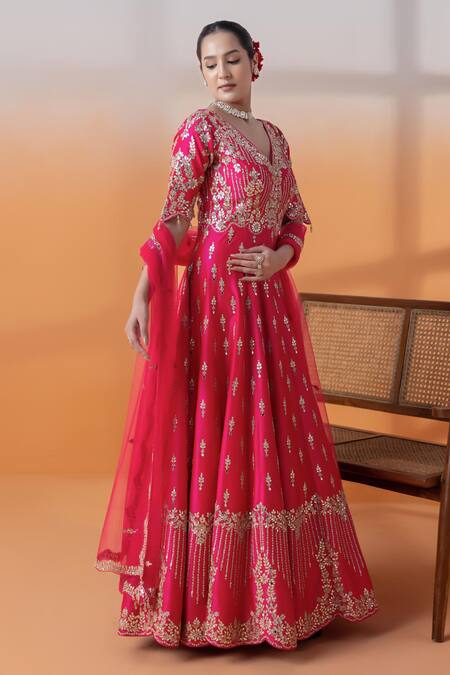 Buy Raj Arora Pink Silk Mirrors, Zari, Sequins V-neck Hot Gota Patti Anarkali Set Online at Aza Fashions Buy_Raj Arora_Pink Silk Mirrors, Zari, Sequins V-neck Hot Gota Patti Anarkali Set _Online_at_Aza_Fashions