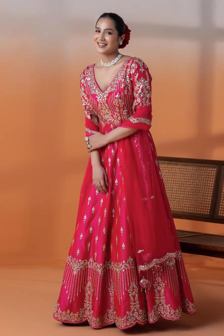 Shop Raj Arora Pink Silk Mirrors, Zari, Sequins V-neck Hot Gota Patti Anarkali Set Online at Aza Fashions Shop_Raj Arora_Pink Silk Mirrors, Zari, Sequins V-neck Hot Gota Patti Anarkali Set _Online_at_Aza_Fashions