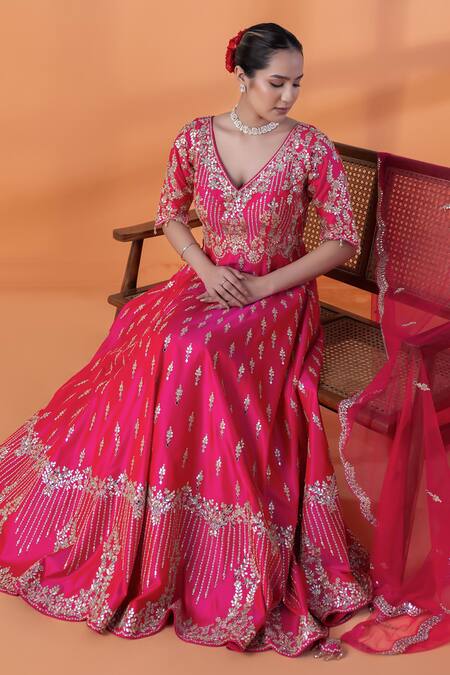 Raj Arora Pink Silk Mirrors, Zari, Sequins V-neck Hot Gota Patti Anarkali Set at Aza Fashions Raj Arora_Pink Silk Mirrors, Zari, Sequins V-neck Hot Gota Patti Anarkali Set _at_Aza_Fashions