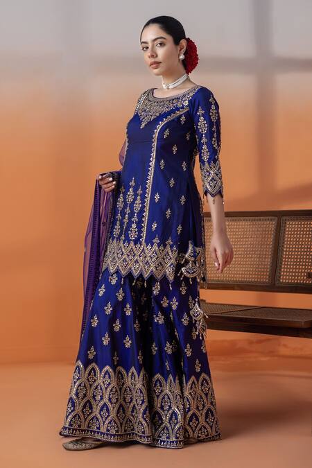 Raj Arora Purple Georgette, Net Embroidery, Sequins, Crystals Silk Applique Sharara Set Online at Aza Fashions Raj Arora_Purple Georgette, Net Embroidery, Sequins, Crystals Silk Applique Sharara Set _Online_at_Aza_Fashions