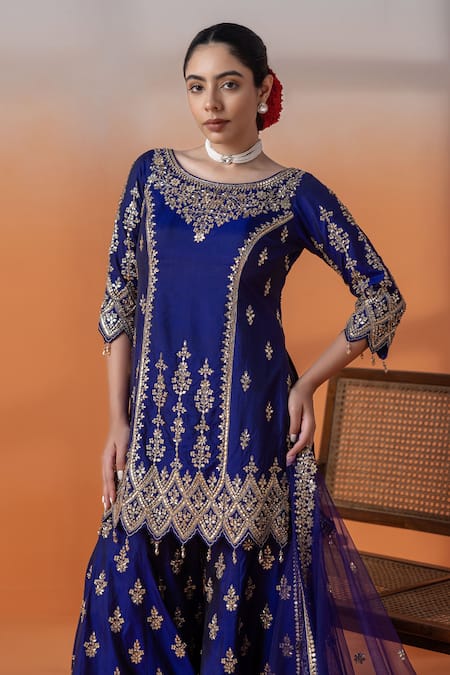 Buy Raj Arora Purple Georgette, Net Embroidery, Sequins, Crystals Silk Applique Sharara Set Online at Aza Fashions Buy_Raj Arora_Purple Georgette, Net Embroidery, Sequins, Crystals Silk Applique Sharara Set _Online_at_Aza_Fashions