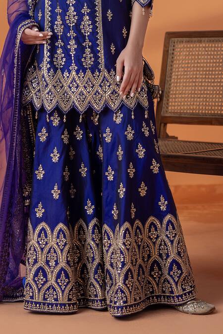 Buy Raj Arora Purple Georgette, Net Embroidery, Sequins, Crystals Silk Applique Sharara Set Buy_Raj Arora_Purple Georgette, Net Embroidery, Sequins, Crystals Silk Applique Sharara Set