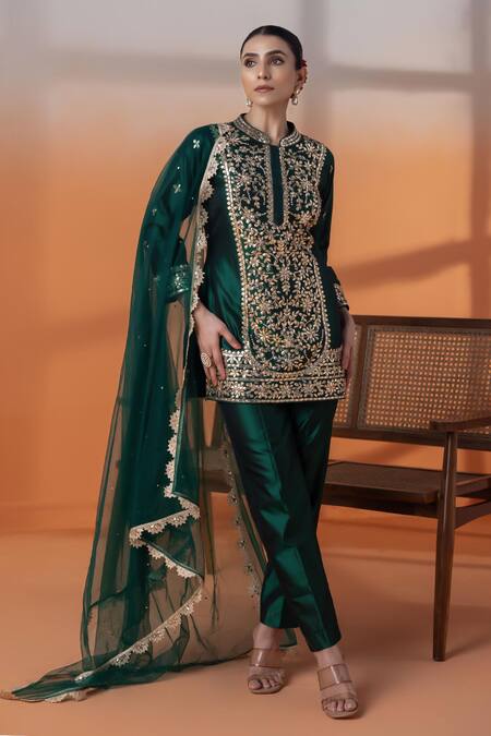 Buy_Raj Arora_Green Net Sequins, Zari Mandarin Collar Bottle Silk Kurta Set _Online_at_Aza_Fashions