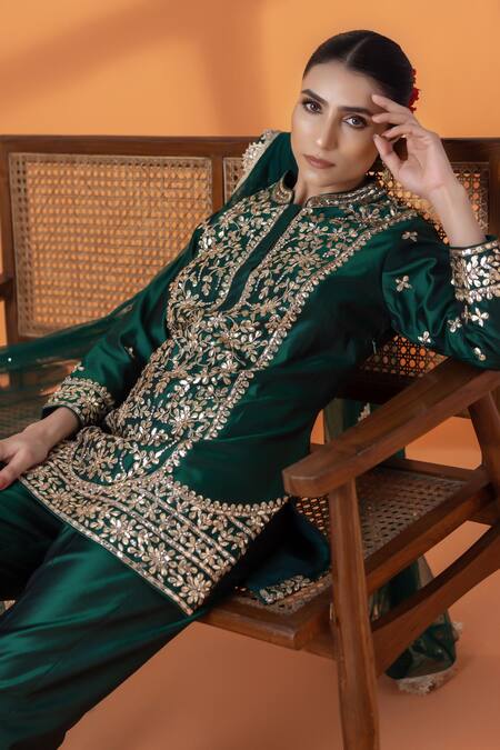 Raj Arora_Green Net Sequins, Zari Mandarin Collar Bottle Silk Kurta Set _at_Aza_Fashions