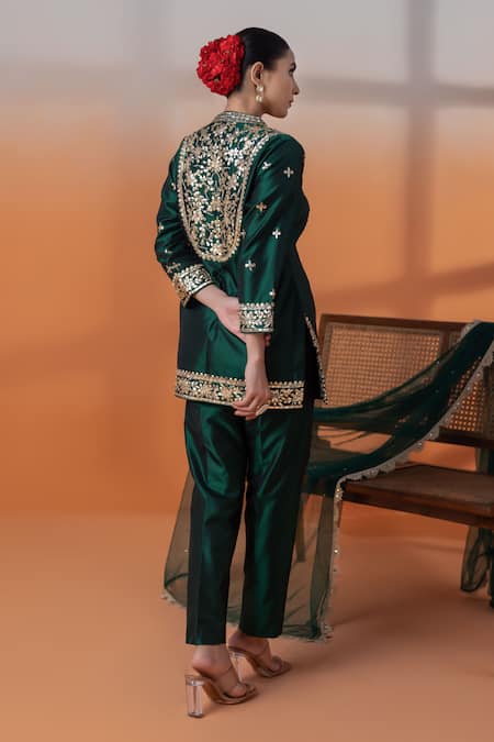 Raj Arora Bottle Green Silk Kurta Set 