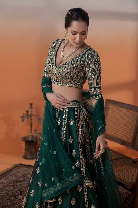 Raj Arora_Green Organza Pearls, Sequins V-neck Bottle Embellished Lehenga Set _Online_at_Aza_Fashions
