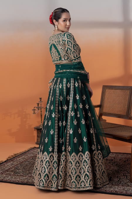 Raj Arora Bottle Green Embellished Lehenga Set 