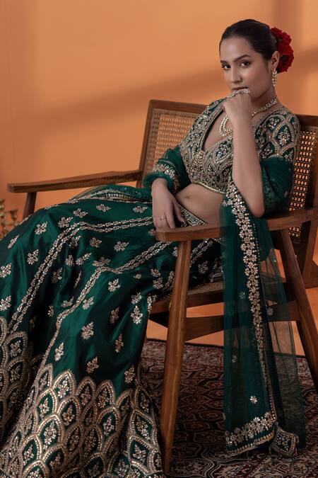 Raj Arora_Green Organza Pearls, Sequins V-neck Bottle Embellished Lehenga Set _at_Aza_Fashions