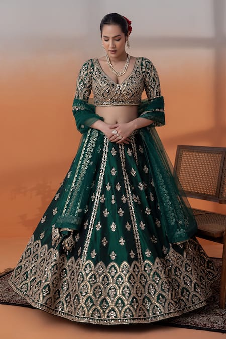 RAJ ARORA Green Organza Pearls, Sequins V-neck Bottle Embellished Lehenga Set 