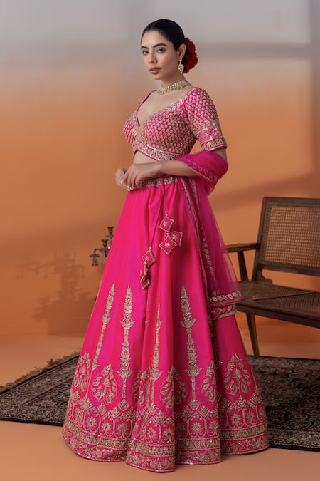 Shop_Raj Arora_Pink Crepe, Net Sequins, Pearls, Crystals V-neck Hot Zari And Embellished Set _Online_at_Aza_Fashions