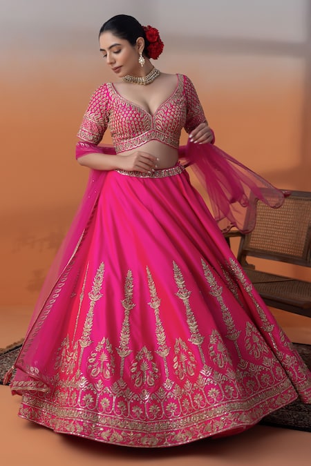 Raj Arora_Pink Crepe, Net Sequins, Pearls, Crystals V-neck Hot Zari And Embellished Set _at_Aza_Fashions