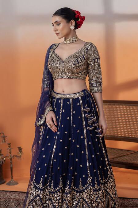 Raj Arora_Blue Taffeta, Net Sequins, Navy Applique And Cut Dana Embellished Lehenga Set _Online_at_Aza_Fashions