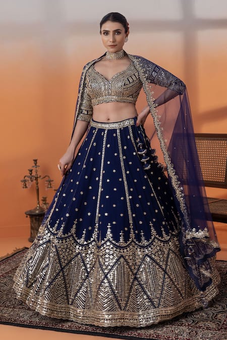RAJ ARORA Blue Taffeta, Net Sequins, Navy Applique And Cut Dana Embellished Lehenga Set 