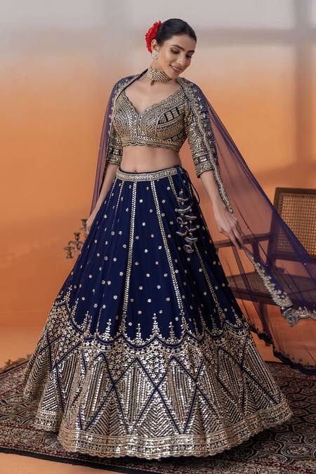 Buy_Raj Arora_Blue Taffeta, Net Sequins, Navy Applique And Cut Dana Embellished Lehenga Set _Online_at_Aza_Fashions