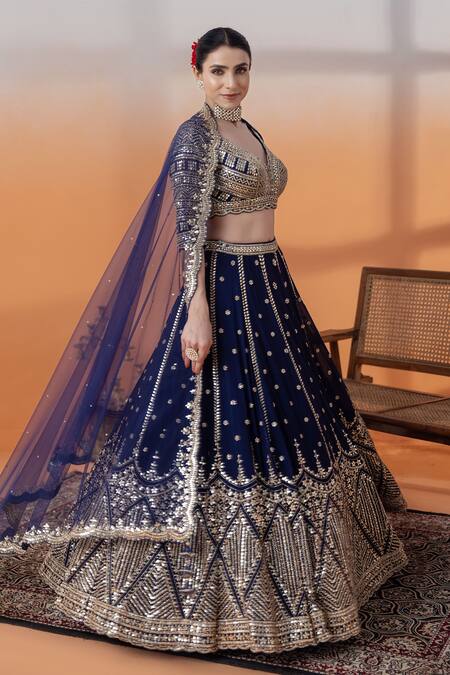 Shop_Raj Arora_Blue Taffeta, Net Sequins, Navy Applique And Cut Dana Embellished Lehenga Set _Online_at_Aza_Fashions