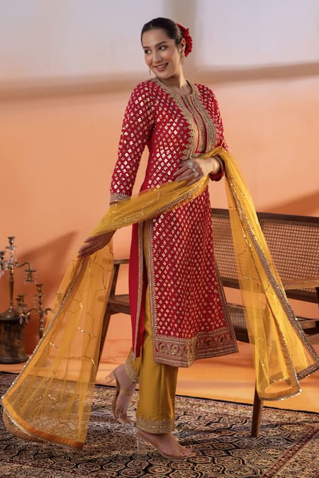 Buy_Raj Arora_Red Velvet Embroidery, Sequins Round Neck Magenta And Mustard Applique Kurta Set _Online_at_Aza_Fashions
